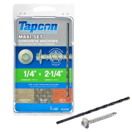 Itw Tapcon Maxiset 1/4"x2-1/4" Hex Head Concrete Anchors Silver, 50-Per Pk 24326